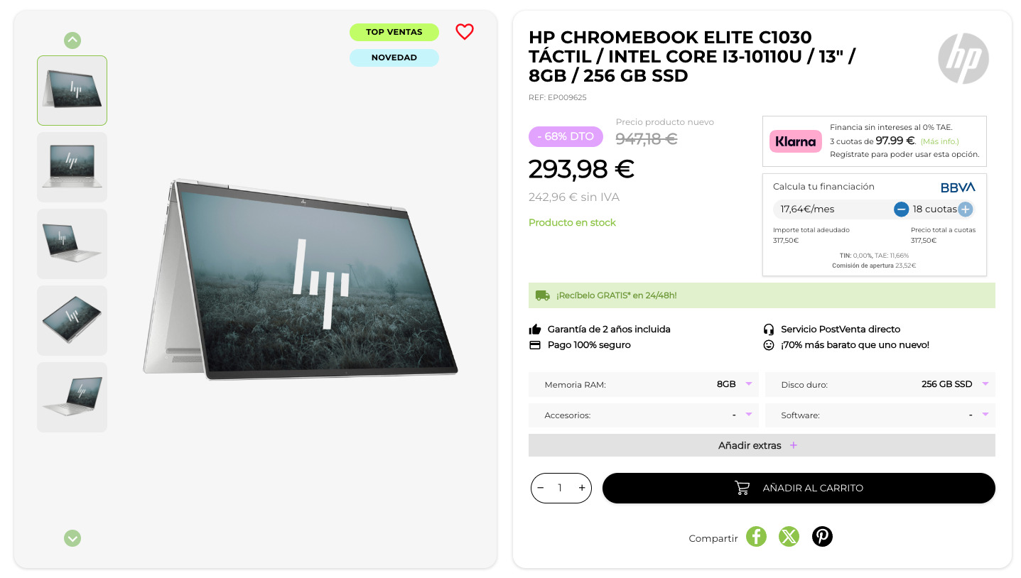 HP ChromeBook Elite c1030 Táctil / Intel Core i3-10110U / 13" / 8GB / 256 GB SSD