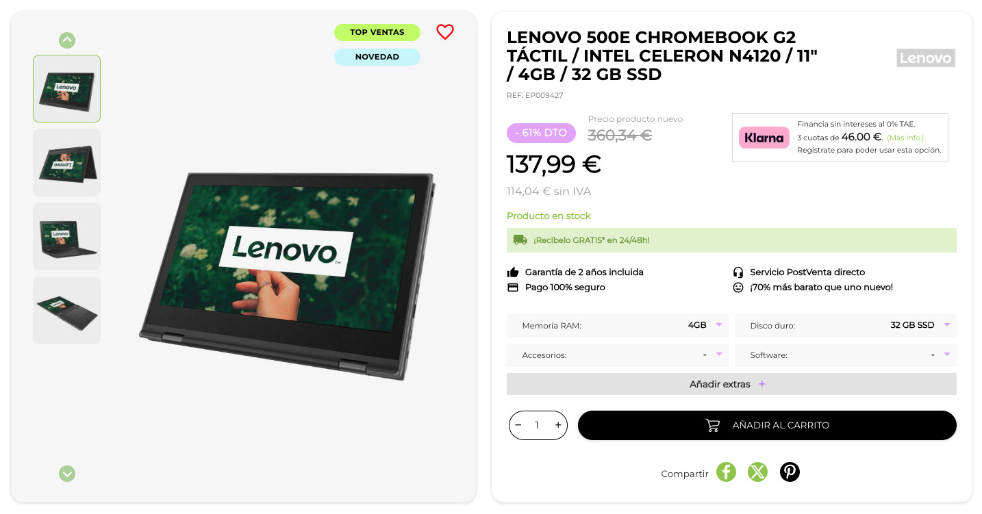 Lenovo 500e ChromeBook G2 Táctil / Intel Celeron N4120 / 11" / 4GB / 32 GB SSD