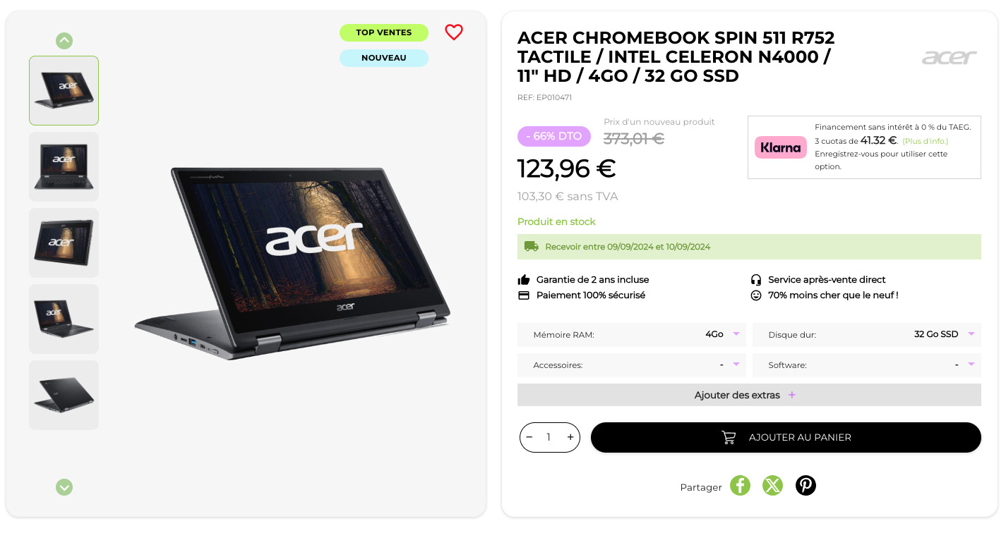 Acer Chromebook Spin 511 R752 Tactile / Intel Celeron N4000 / 11" HD / 4Go / 32 Go SSD