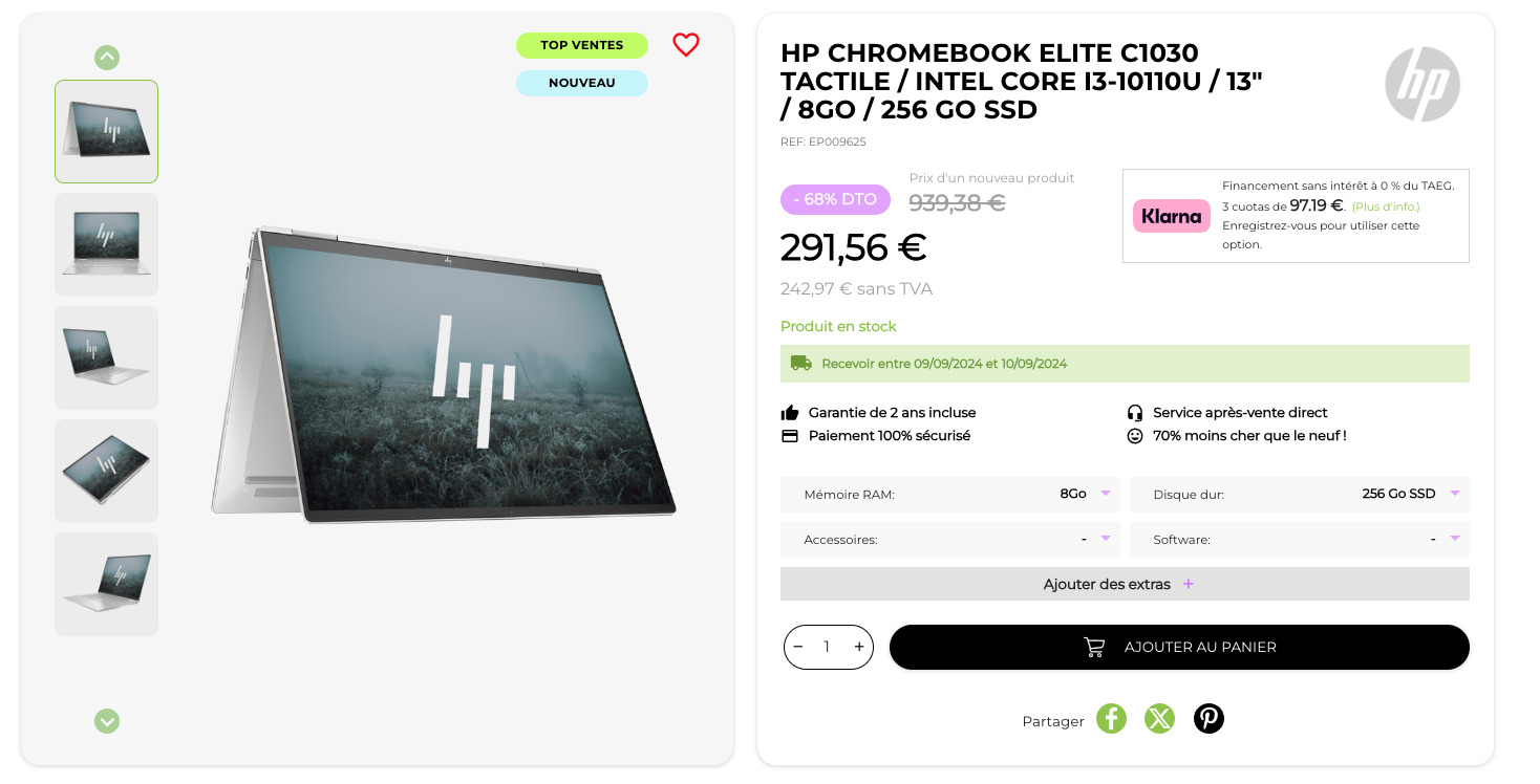 HP ChromeBook Elite c1030 Tactile / Intel Core i3-10110U / 13" / 8Go / 256 Go SSD