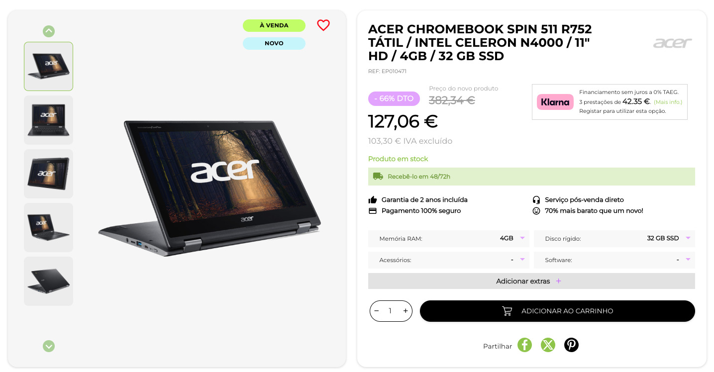 Acer Chromebook Spin 511 R752 Tátil / Intel Celeron N4000 / 11" HD / 4GB / 32 GB SSD